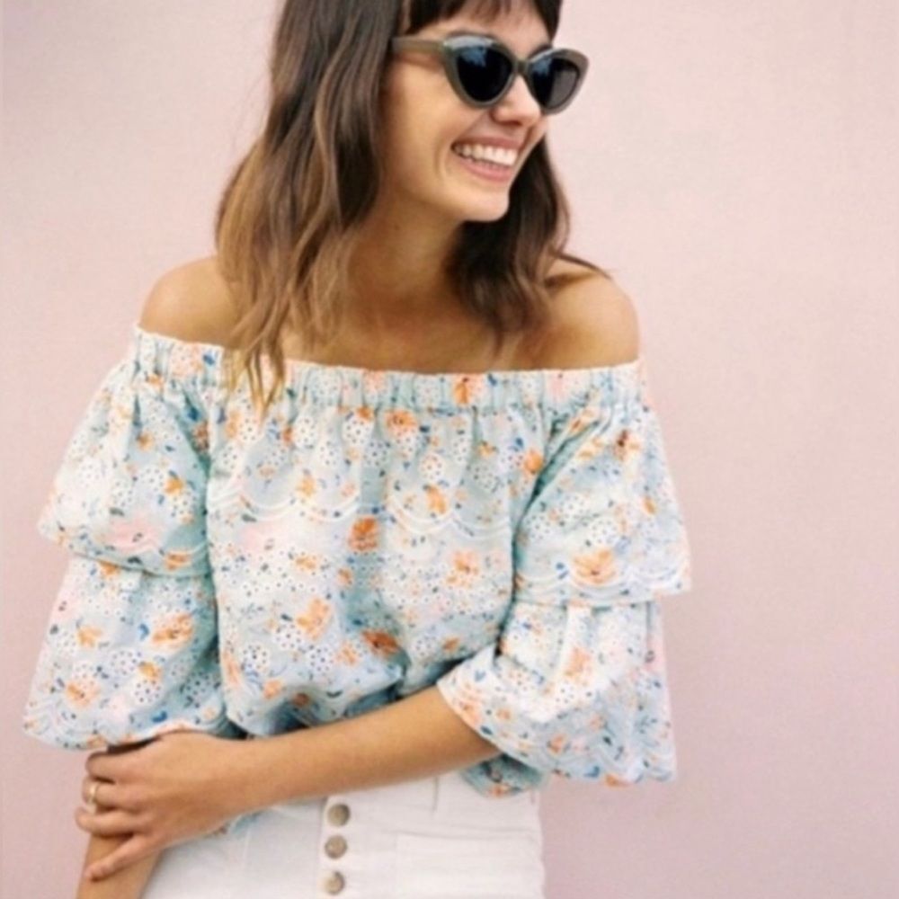 Anthropologie Off-Shoulder Floral Tiered-Sleeve Top in Light Blue and Peach